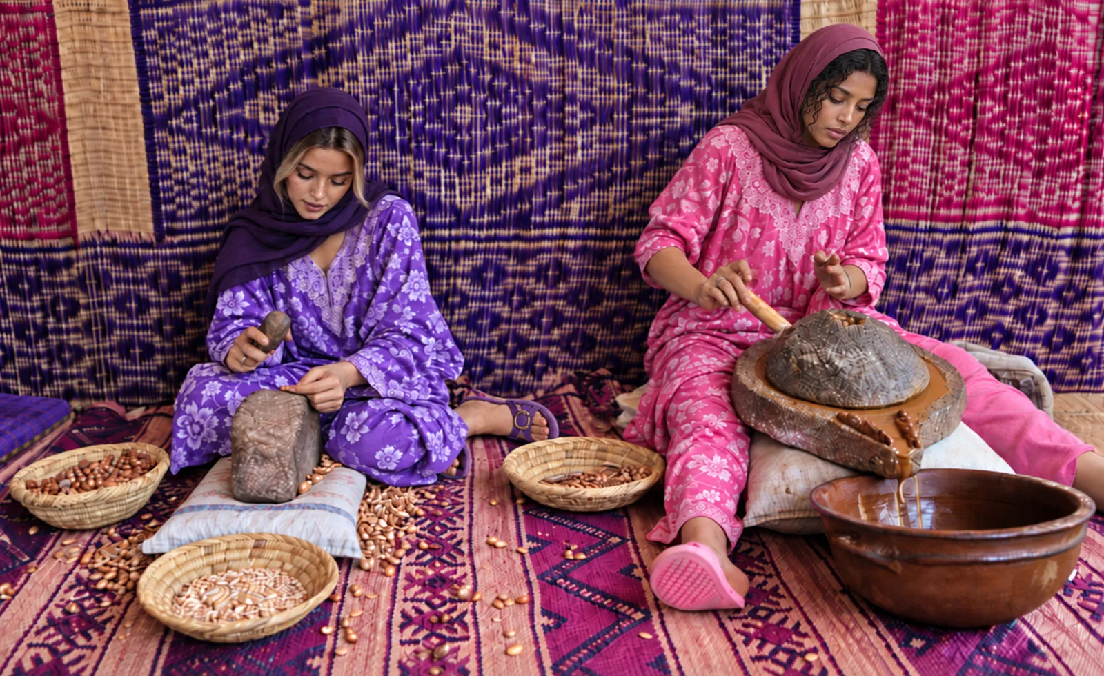 Two women hand-crack argan kernels and press oil on a stone mill, seated on woven Moroccan textiles