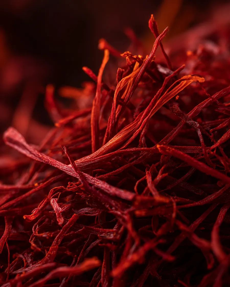 Close-up of deep crimson saffron threads